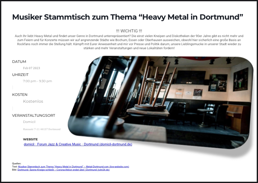 Musiker Stammtisch zum Thema "Heavy Metal in Dortmund.
